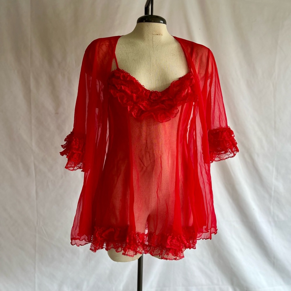 Vintage Ruffle Sheer Nightgown Robe Set Size L Sabrina Carpenter Style Teddy